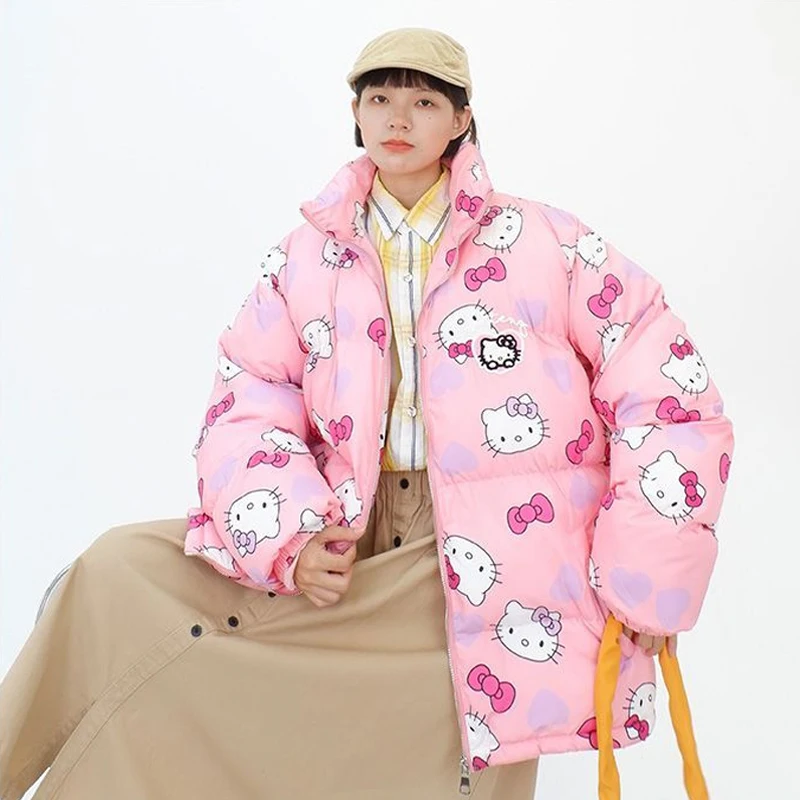 

Забавное мультяшное пальто Hello Kitty с воротником-стойкой хлопковое пальто Sanrioed Рождественский зимний стиль для девочек Свободная кавайная утепленная теплая куртка
