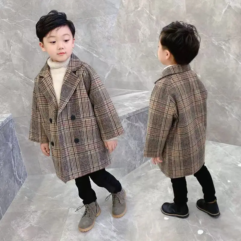

Men's and girls' peacoat 2023 new plaid clip cotton spring and autumn and winter mid-length girl coat children's clothes jacket