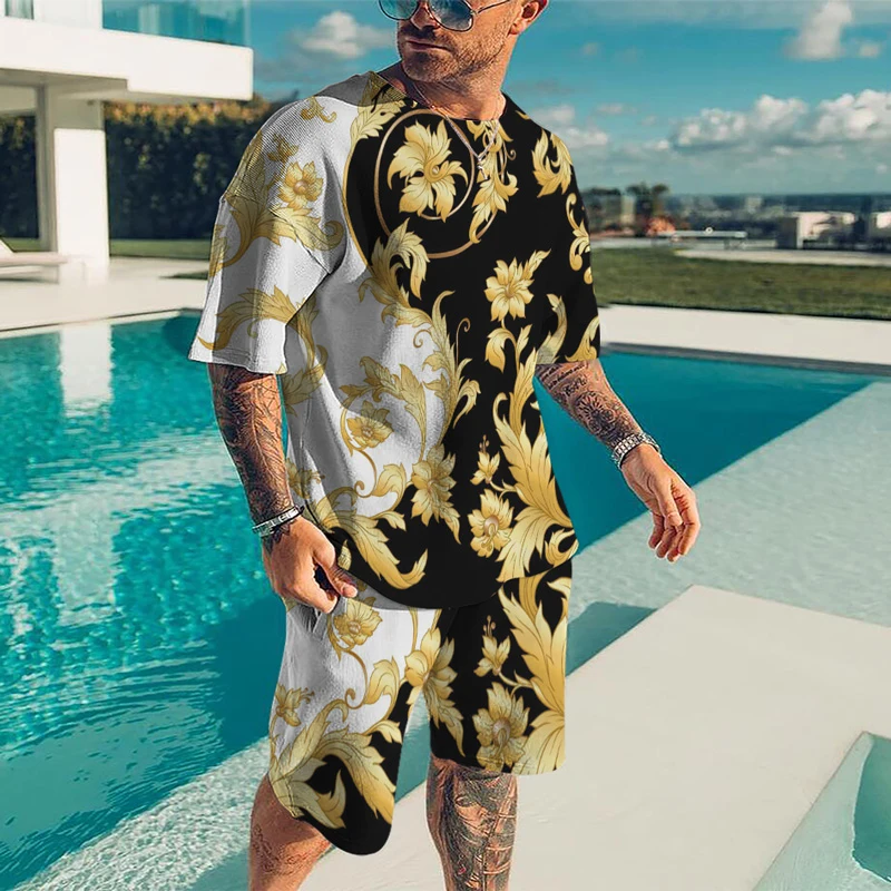 Men Summer Luxury Brand Tracksuit Male Vintage T-Shirt Short Pants Set Fashion Clothing 2 Pieces Casual Outfit Suit Streetwear