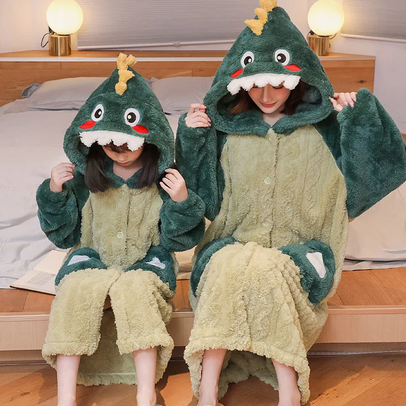 Kids Winter Bathrobe Thicken Warm Home Robe Baby Homewear Animal Dinosaur Cartoon Bathrobe For Children Hooded Gilrs Boys Robe