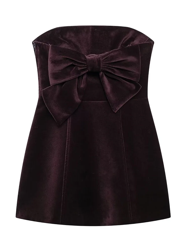 TFMLN Sweet Women Solid Velvet Bow Mini Dress Elegant Female Off Shoulder Backless Party Dress Fashion Strapless Dress#Color
