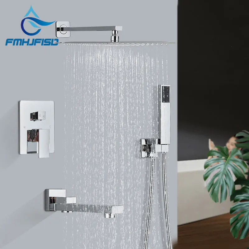 ชุดฝักบัวอาบน้ำแบบคอนซีลสี่เหลี่ยมโครเมียมฝักบัวแบบ2/3วิธีผสมหัวฝักบัวแบบสายฝนกล่องฝังตัวระบบเครนติดผนัง 1