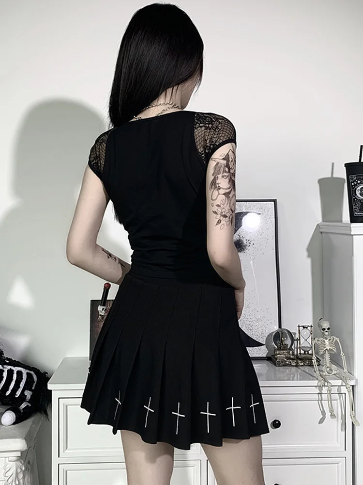 Vintage Tops Goth T-shirt Women Bodycon Bandage Lace Black T-shirts Gothic Streetwear Sexy Female Top Casual Mesh Tee