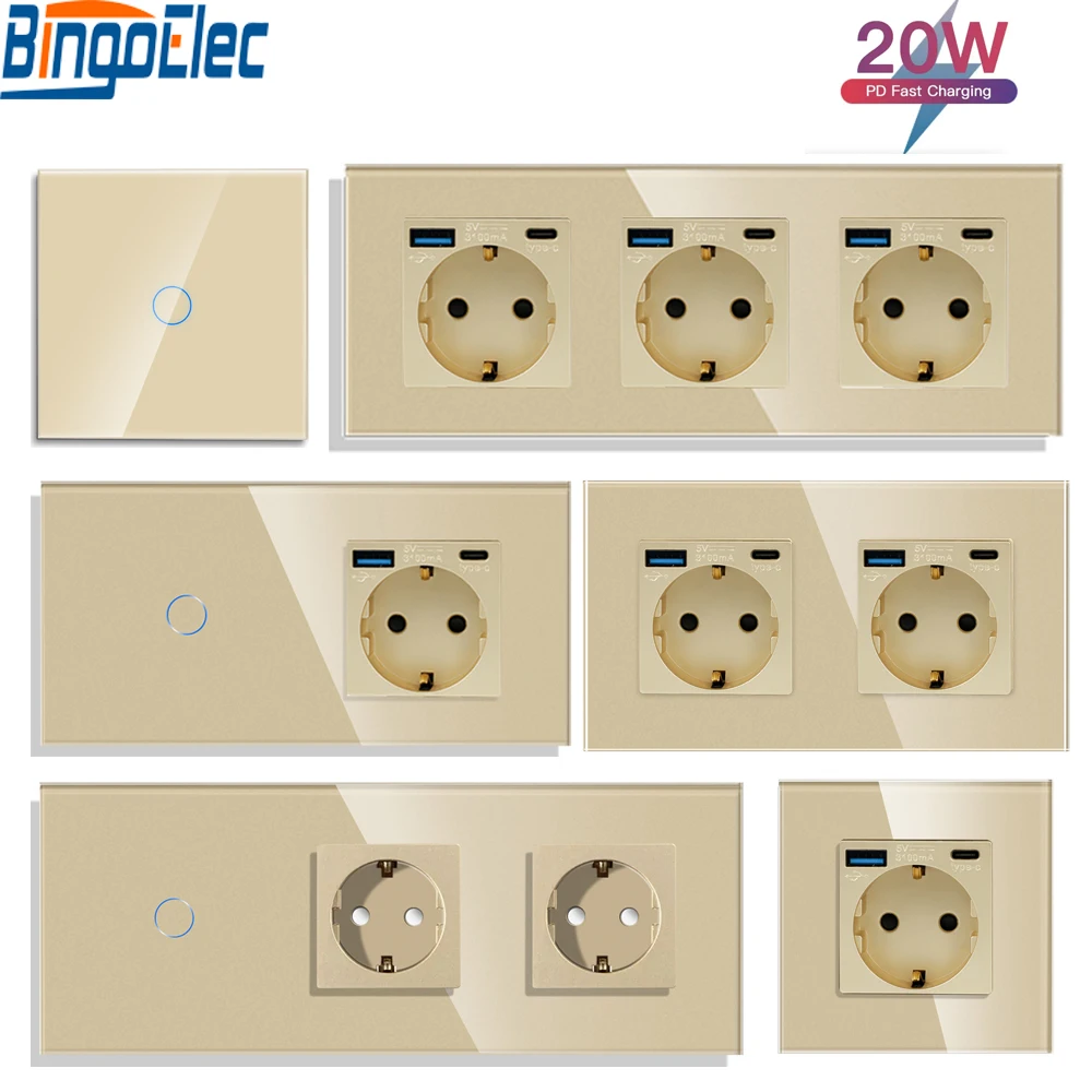 Tomada de Parede Única com Portas Usb tipo c 20w Vidro Duplo Tomadas Elétricas Triplas Tomadas e Interruptor de Toque Ouro 16a