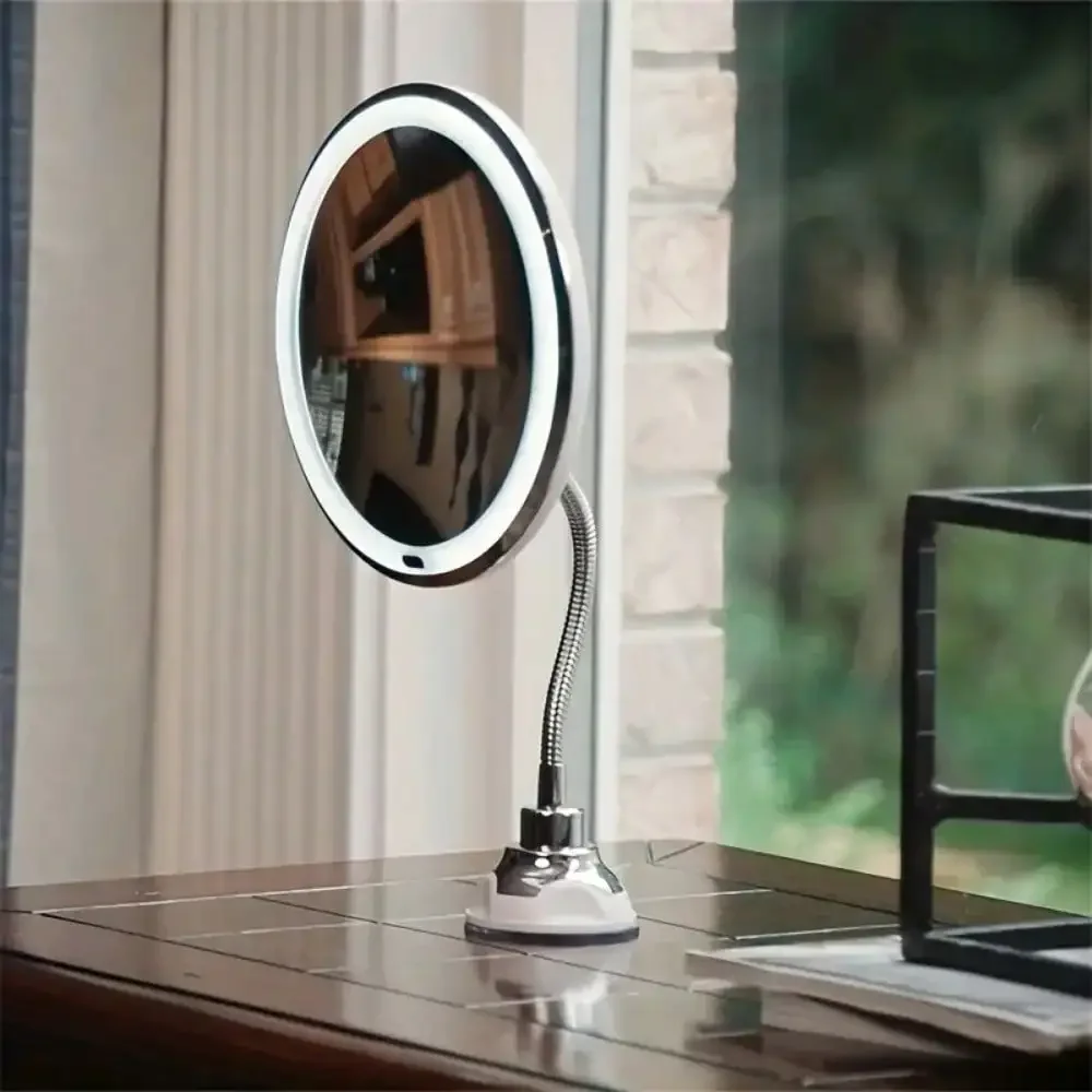 Flexible Gooseneck Makeup Mirror LED Light 10X Magnifying Mirror Suction Cup Bright Diffused Light 360 Degree Swivel