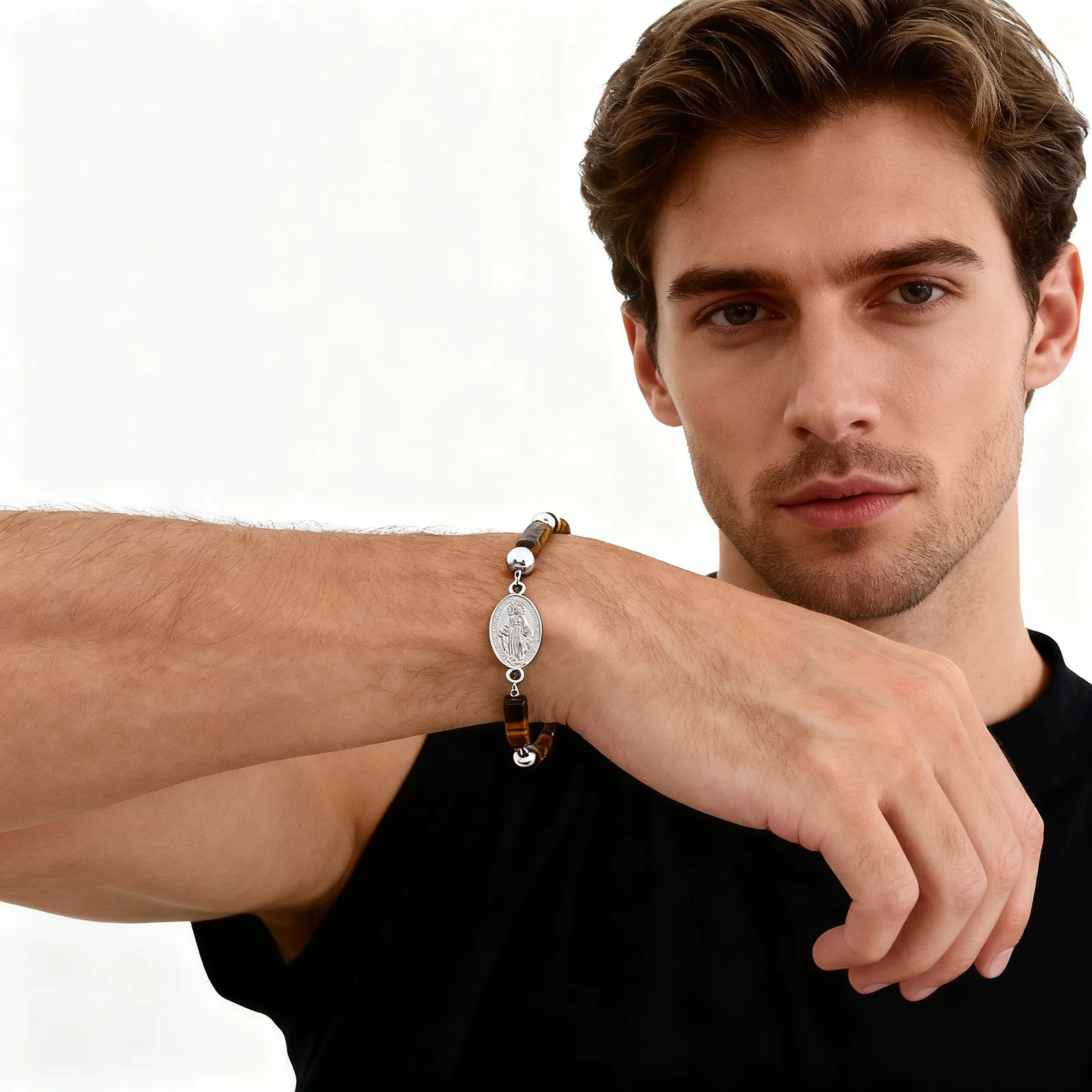 Virgin Mary Bracelet for Men Boys,Natural Tiger Eye Brown Color Stone Beaded Chain Bracelet,Adjustable Prayer Wristband Gift