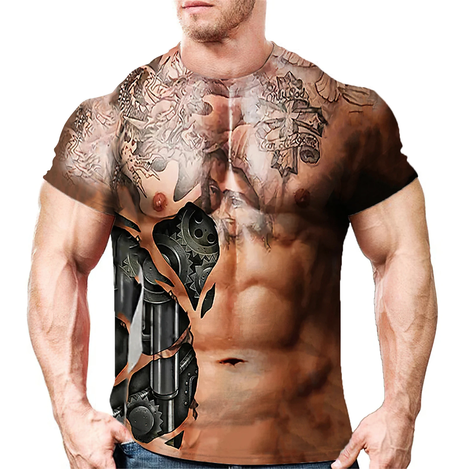 3D Print Muscle Men's T-shirt Tattoo Pattern Slim Short Sleeve Tee