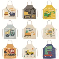 Cute cartoon excavator car burger pattern linen apron halter neck sleeveless apron kitchen cooking cooking bib 1