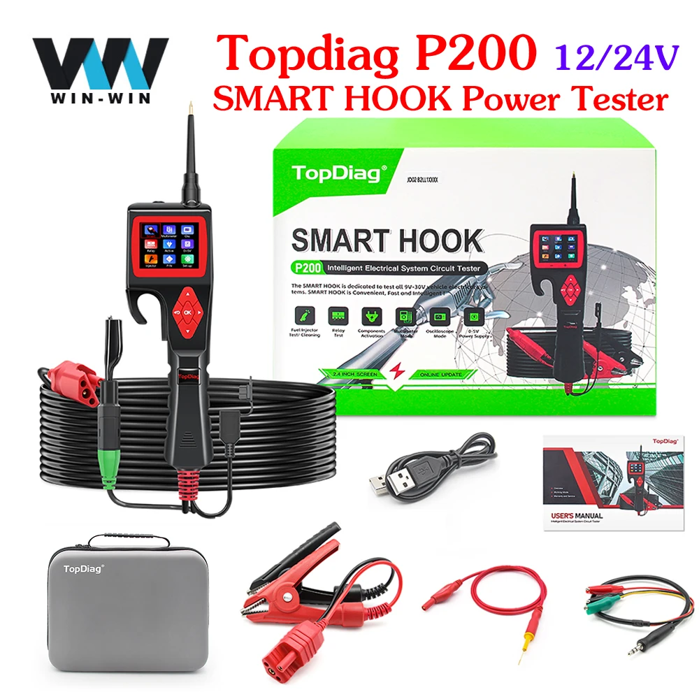 TopDiag Jdiag P200 12V 24V SMART HOOK Power Probe Car Circuit Analyzer Tester Digital Test Electrical System Detector Multimeter Circuit Tester Circuit Detector Automotive Circuit Tool