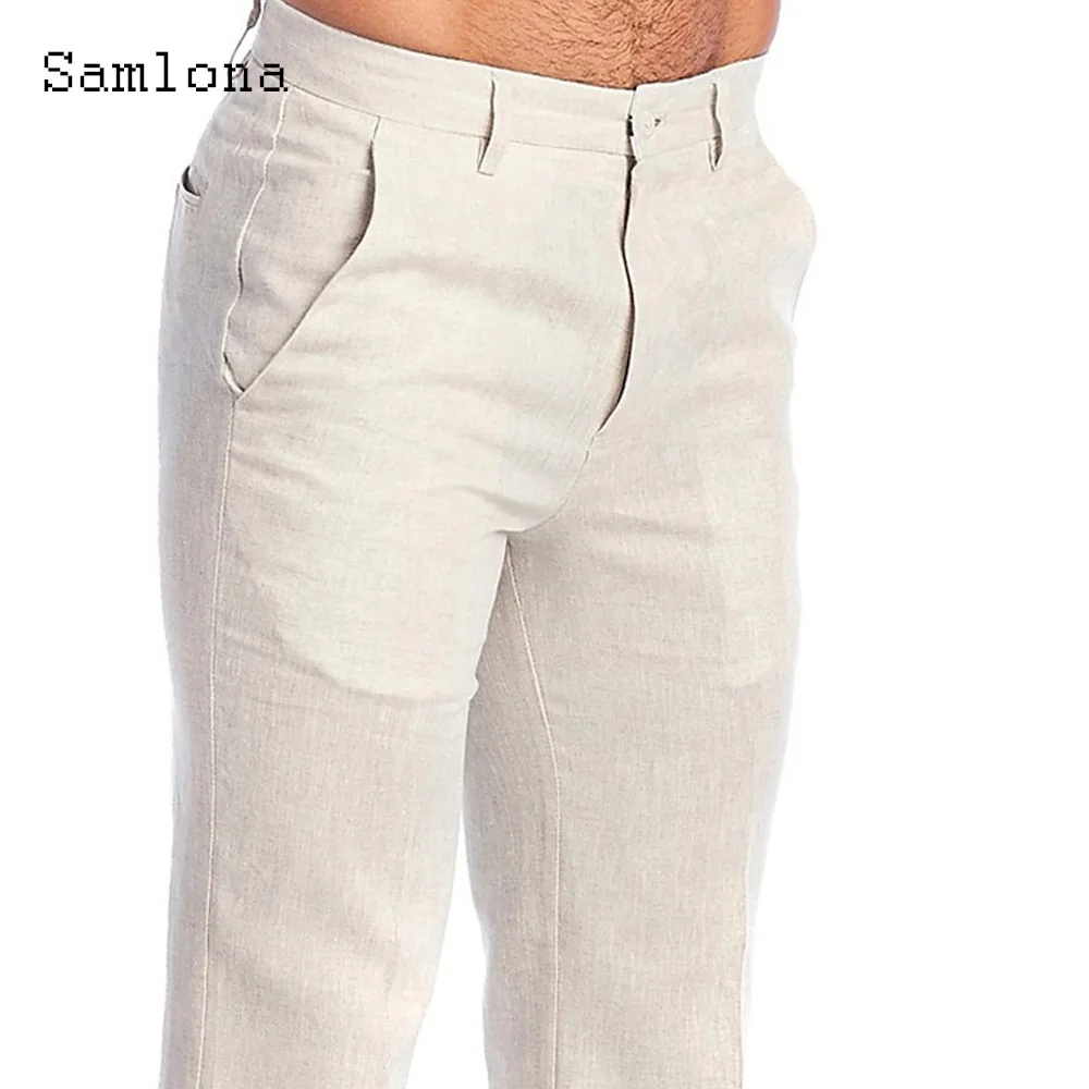 Men Stand Pocket Casual Linen Pants Solid White Gray Trouser Plus Size 3xl