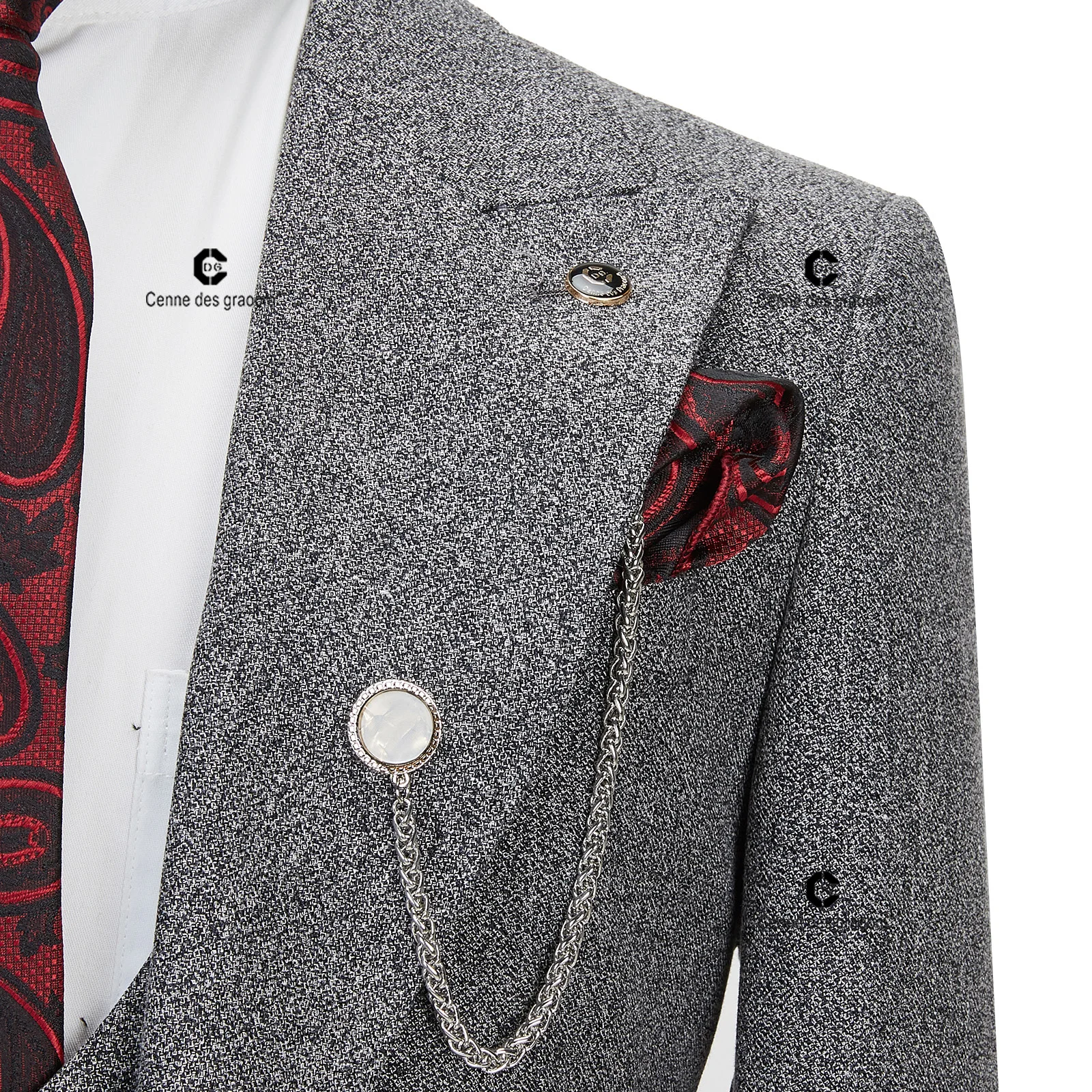 Cenne Des Graoom Elegant Grey Tweed Suits For Men Single Breasted 1 Buttons Jacket Vest Pants Slim Fit Wedding Business Meeting 2