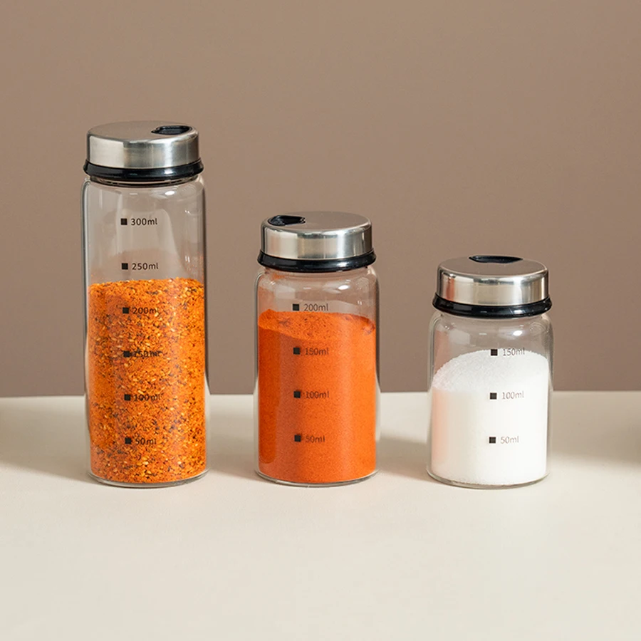 Kitchen Salt and Pepper Shakers Spice Dispenser Adjustable Pour Holes Stainless Steel Lid Glass Bottle for BBQ