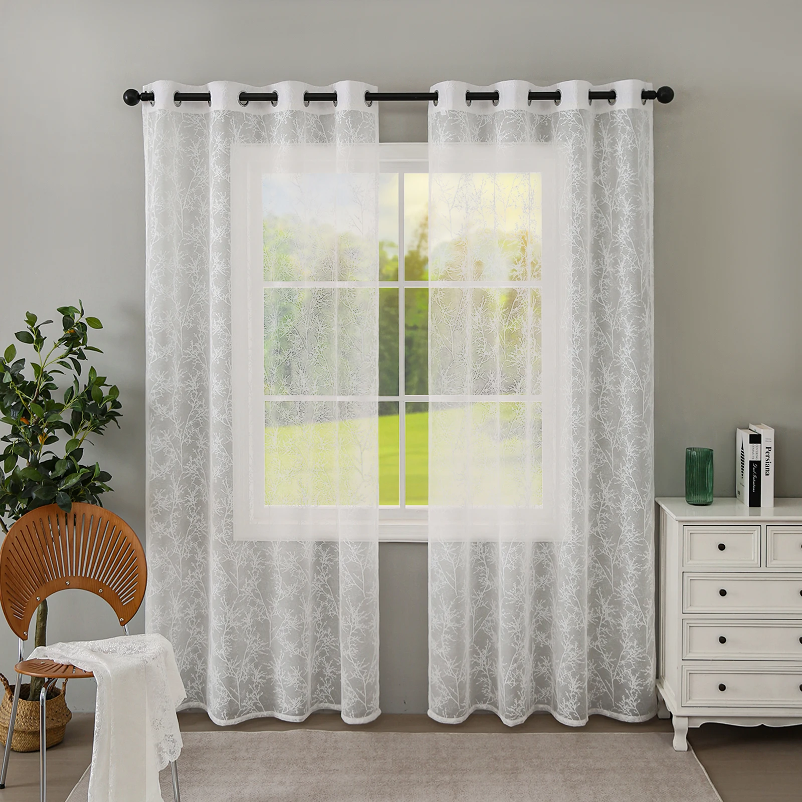 ستائر شفافة على شكل شجرة فرنسية بيضاء ستائر من الكتان البيج بطول 84 بوصة 1 لوحة لغرفة المعيشة