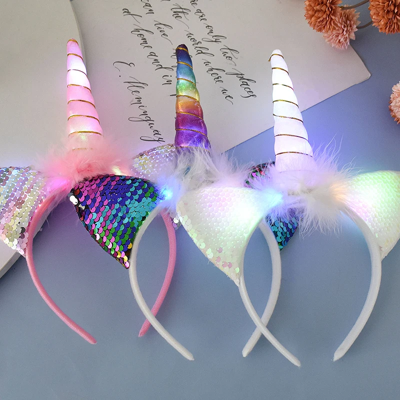 LED Licht Einhorn Stirnband Kinder Mädchen Geburtstag Cartoon Headwear Haar Zubehör Regenbogen Einhorn Thema Party Dekoration Lieferungen – Detail 3