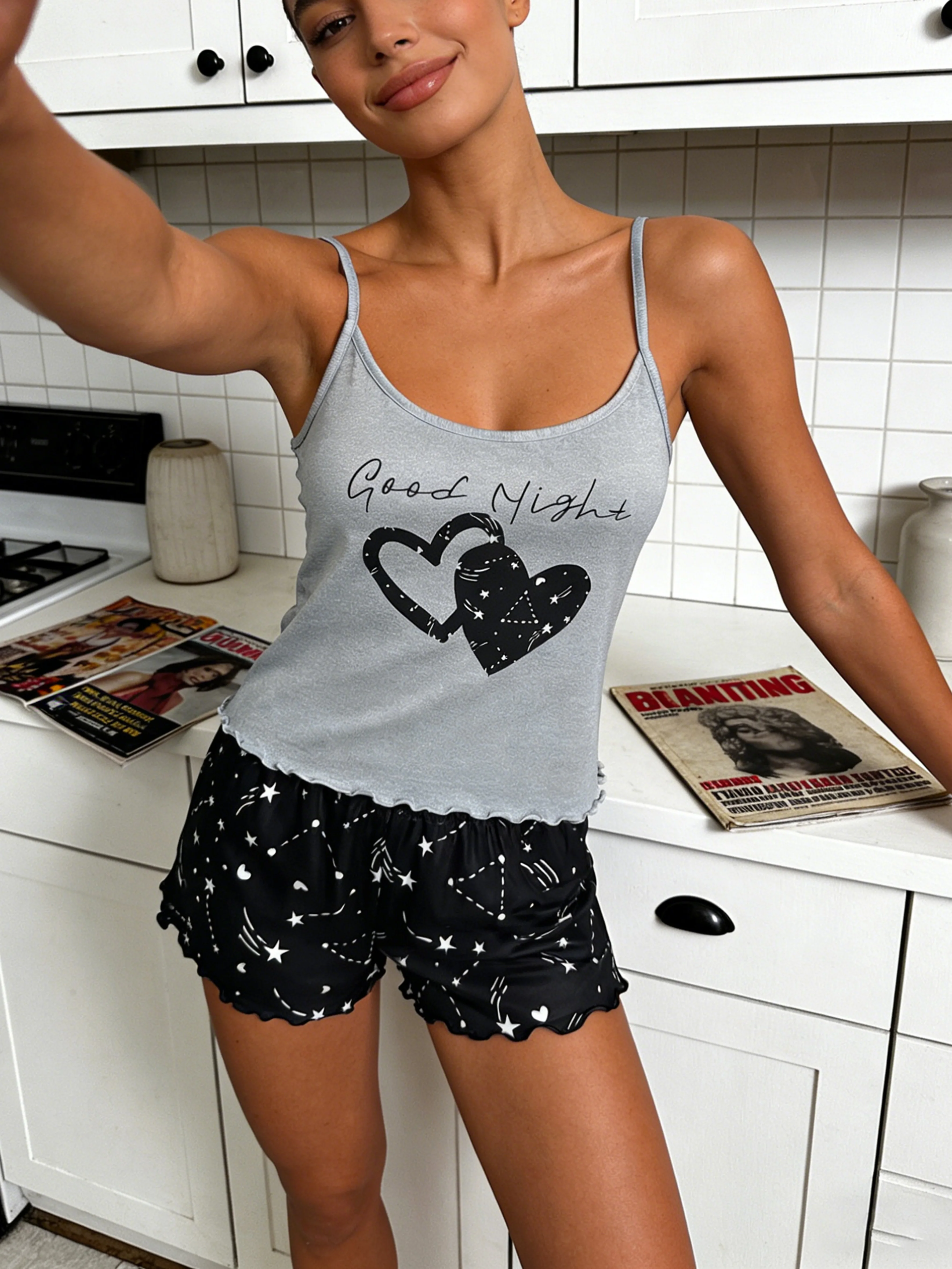 Women Pajamas Round Neck Spaghetti Strap Sleeveless Tank Top Ruffle Hem Shorts 2 Piece Set Spring Summer Fall Cute Star Heart P 1
