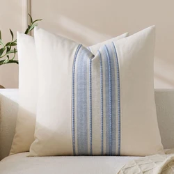 Elegant Striped Farmhouse Throw Pillow Covers - Soft Woven Cushion Covers for Bed, Sofa, and Living Room (Blue)
