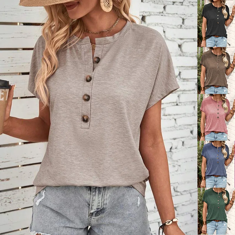 Summer Women Solid Short Sleeve Button Tshirt