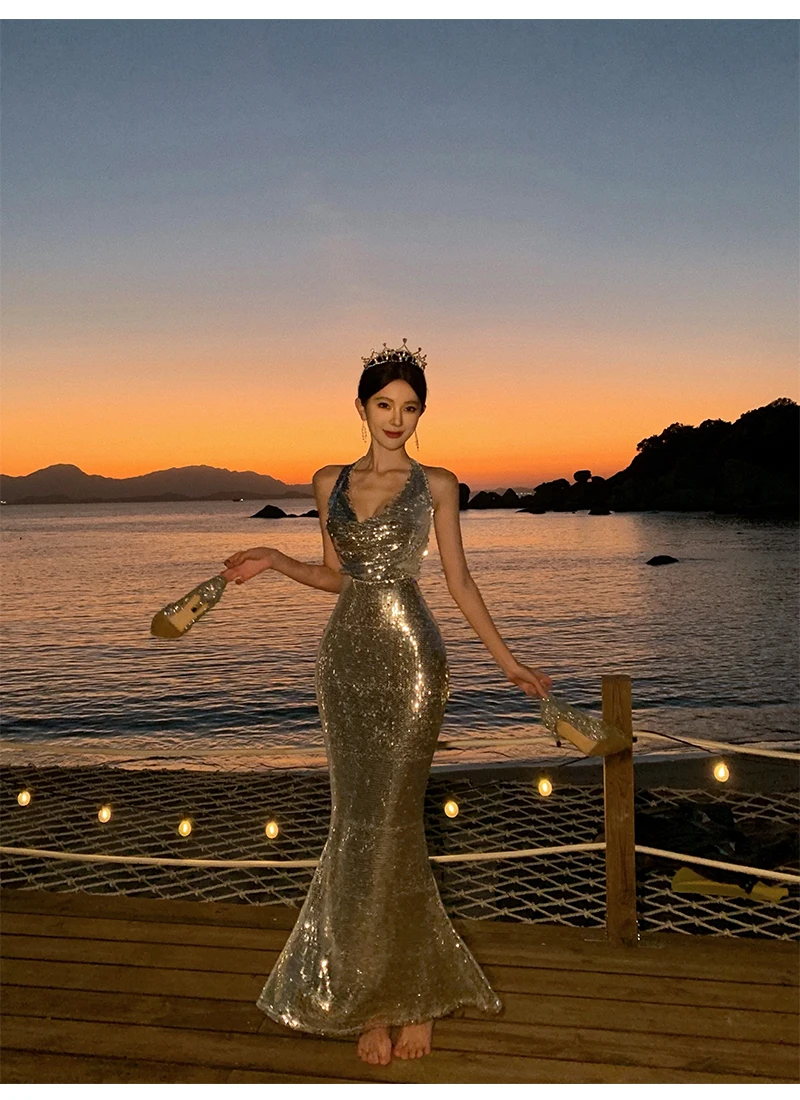 Sexy Bodycon Sequined Prom Robe V-neck Backless Sleeveless Evening Party Dress Wedding Slim Mermaid Long Dresses for Women New