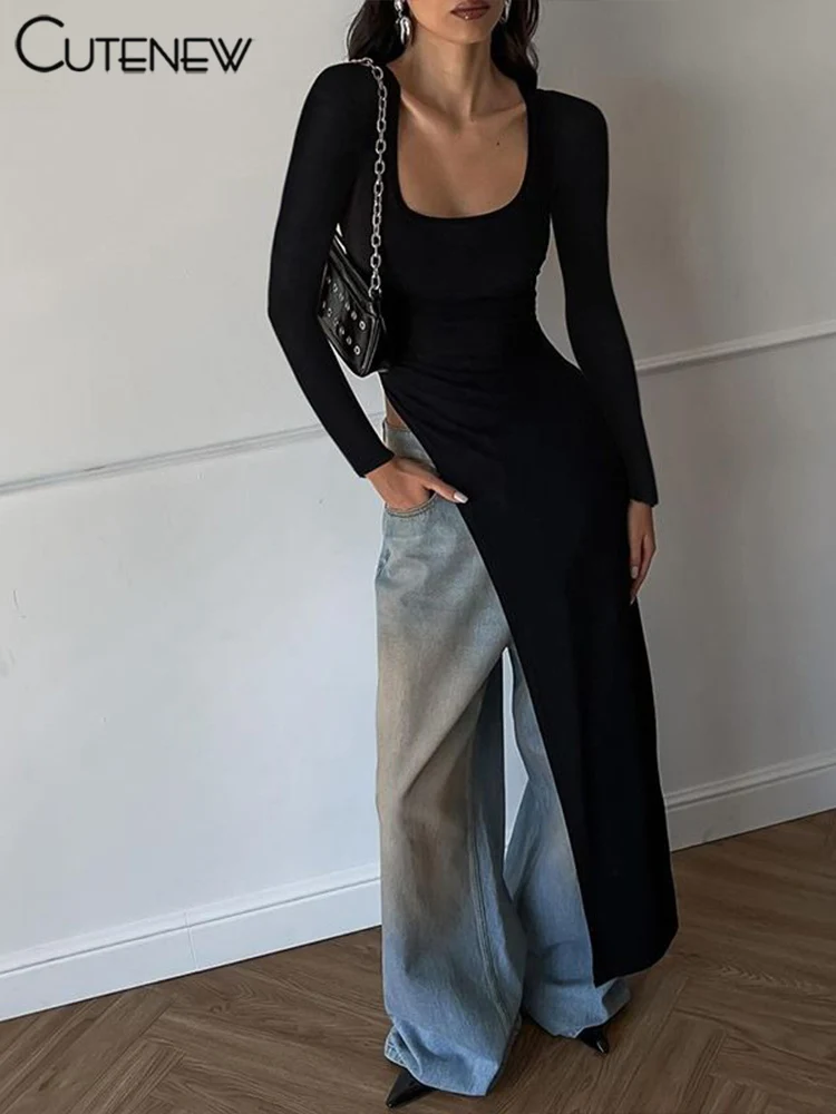 Solid Super Long Tops Women Casual Fashion Full Sleeve Square Neck Splited Skinny Tees Solid Concise Female Classic Wear