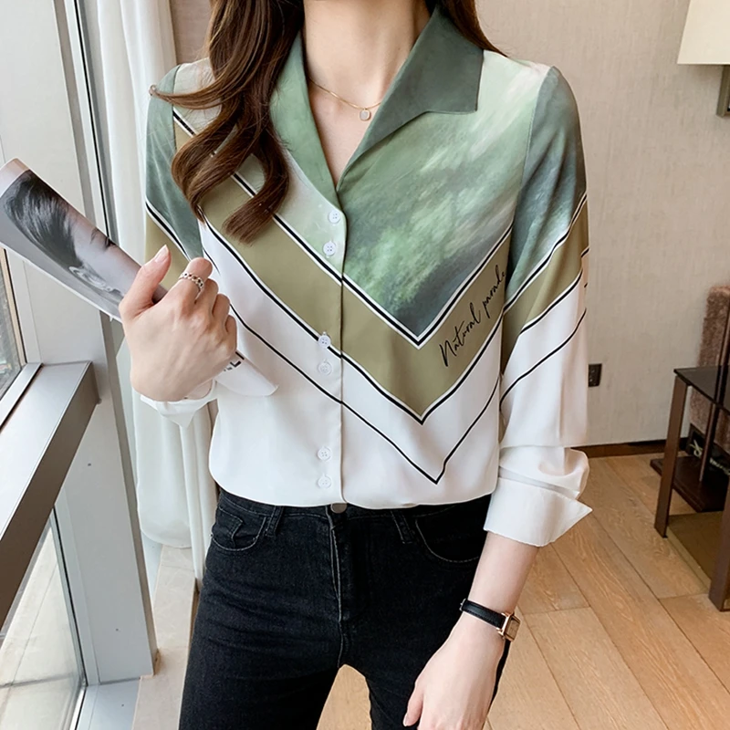 

Spring Autumn Women Elegant OL Work Wear Shirts Chiffon Blouses Korean Basic Casual Shirt Loose Tops V-Neck Letter Print Blusas