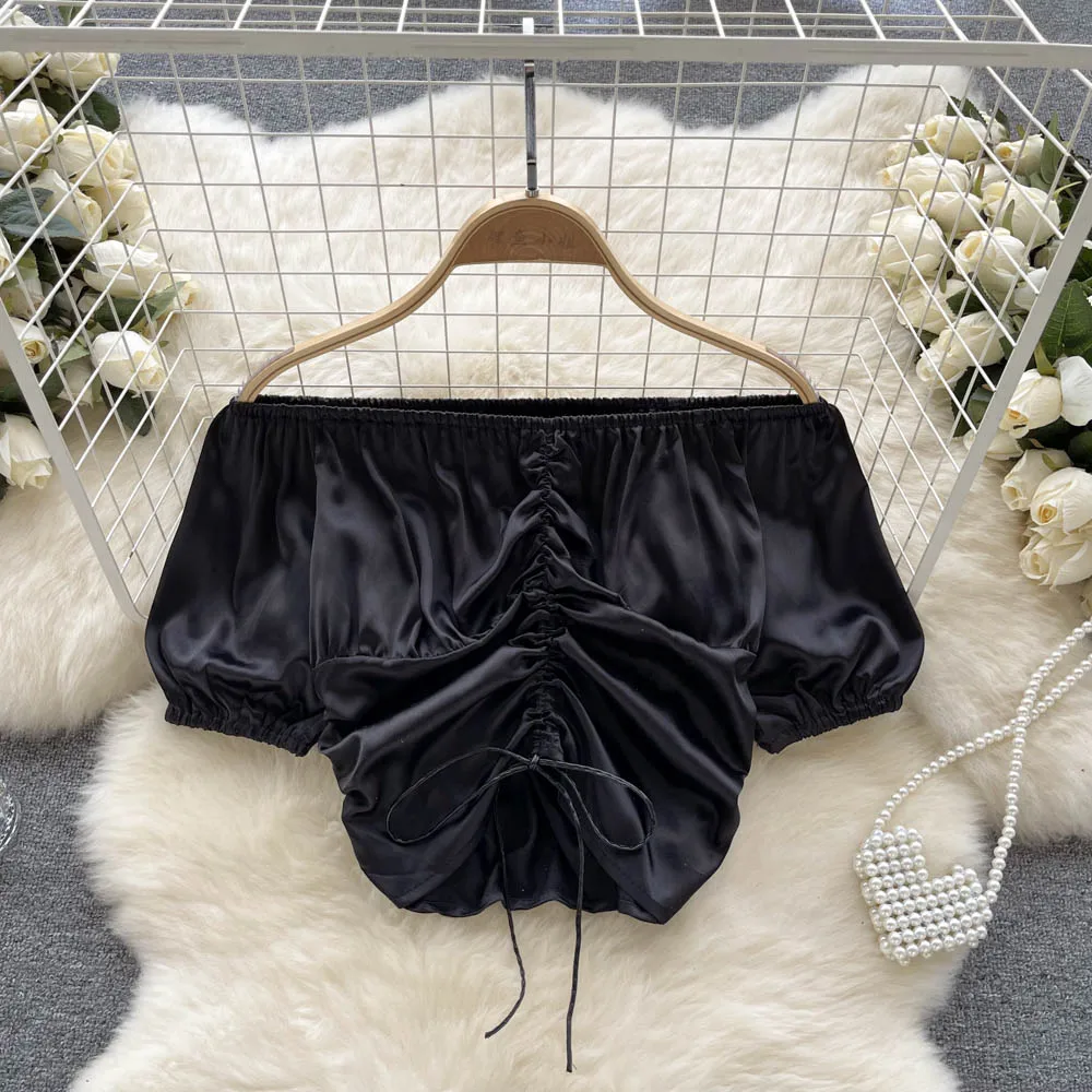 

Summer French New Fashion One Shoulder Short-sleeved Pleated Design Sense Lace-up Short Dark Department Top