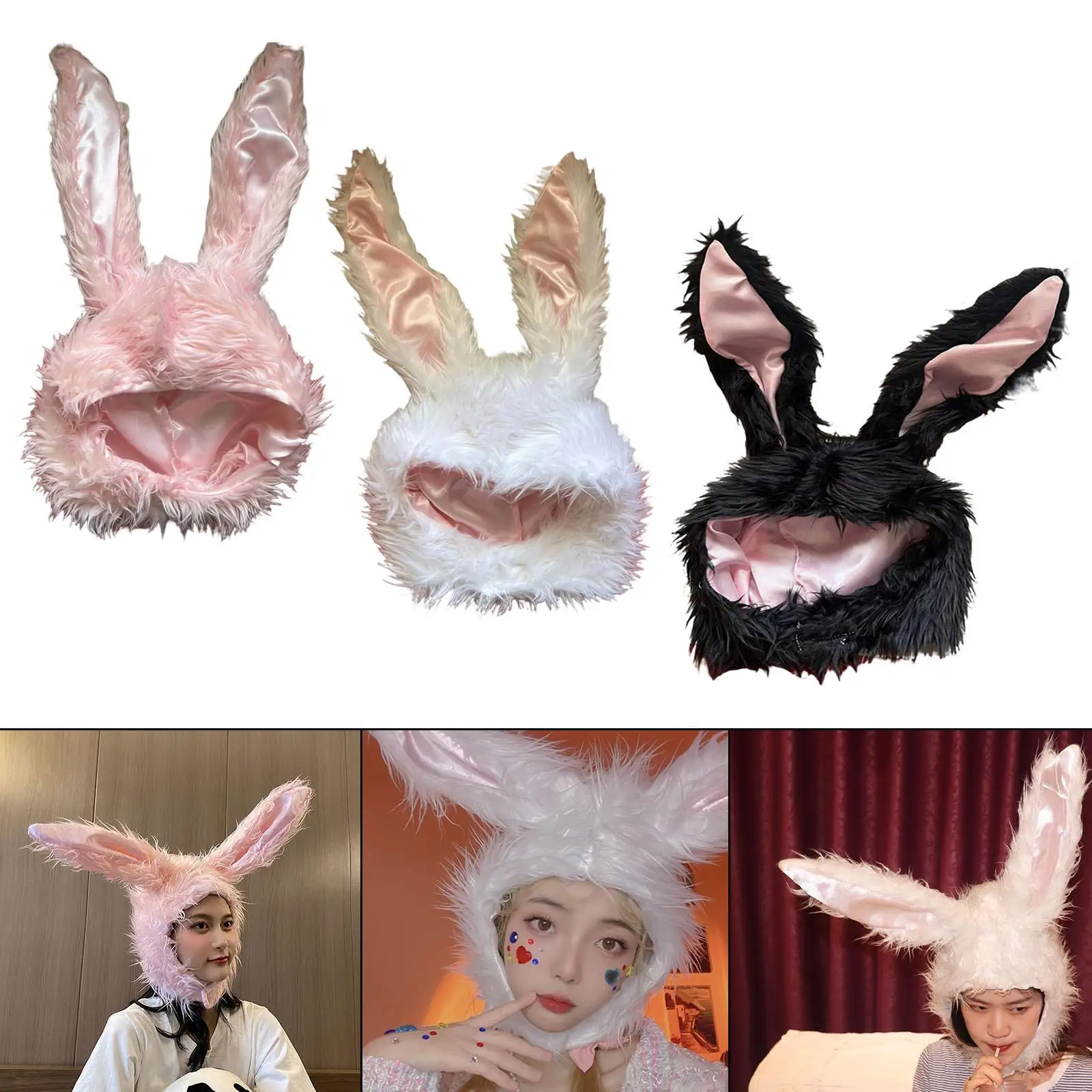 Plush Rabbit Ears Hat Headwear Headdress Bunny Ears Hood Party Favor for Easter Halloween Christmas Party Cosplay Photo Props