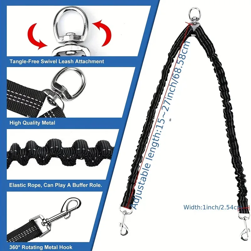 Pet Dog Double Leashes No Tangle Dog Leash Coupler Comfortable Shock Absorbing Reflective Bungee Lead for Nighttime Safety