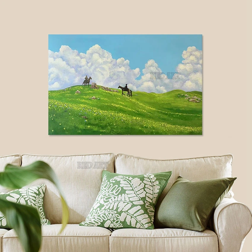 

Grassland Landscape People Riding Horses Large Luxury Canvas Pure Handmade Oil Painting Art Hotel Wall Decorative Item Panel