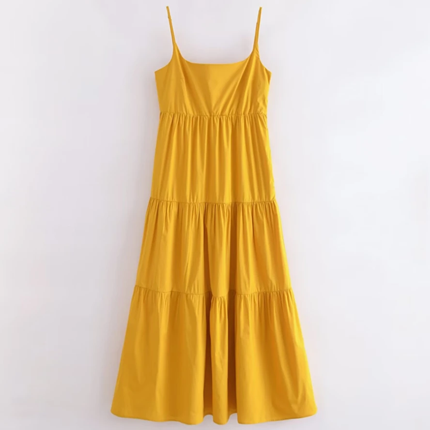 

Jenny&Dave Casual Pleated Fashion Ladies Midi Dress Yellow Poplin French Vintage Summer Tank Dress Women