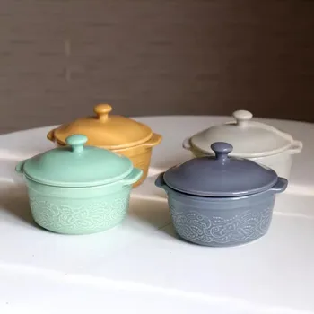 Ciotola da zuppa in ceramica ad alta temperatura con colore a rilievo vintage con coperchio Ciotola da forno/Tazza con coperchio piccolo/Cotola per uova al vapore 1