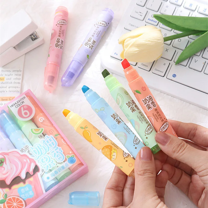 Kawaii 사선 하이라이터, 크림색 과일 향, 대용량 형광 노트 펜, 4mm 두께 마커, 6 가지 색상 세트