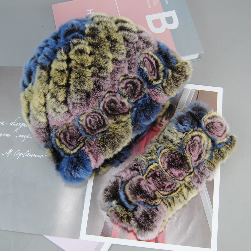 New Fashion Real Fur Hats Scarves Sets Women Winter Knitted Real Rex Rabbit Fur Hat Scarf Ladies Natural Fur Hats Mufflers Sets 2