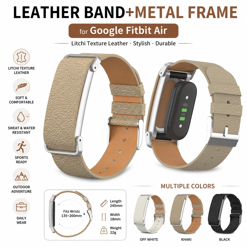 Premium Litchi Grain Leather Watch Strap with Metal Frame - Durable & Breathable
