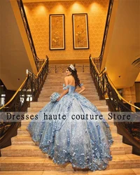 New Arrivals Blue Lace Ball Gown Quinceanera Dress 2024 With 3D Flower Beaded Sweetheart Sweet 16 Dress Lace-up Vestido 15 Años