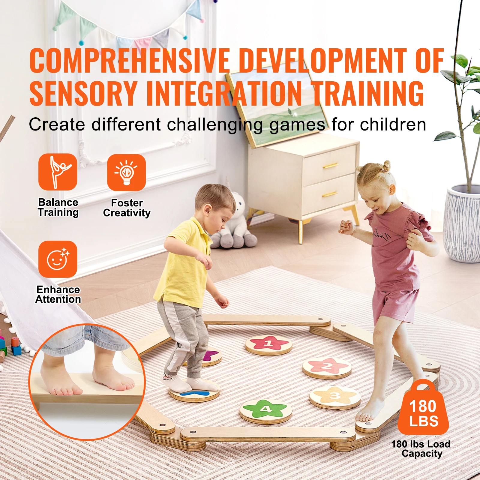 SucceBuy 6PCS Kids Balance Beam Stepping Stones Wooden Toddler Balance Boards Indoor/Outdoor Montessori Toy for Children Gifts