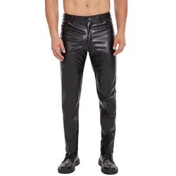 Men Shiny Leather Straight Pants Sexy Zipper Open Crotch Soft Matte Leather Casual Trousers Male High Elastic Shaping Leggings