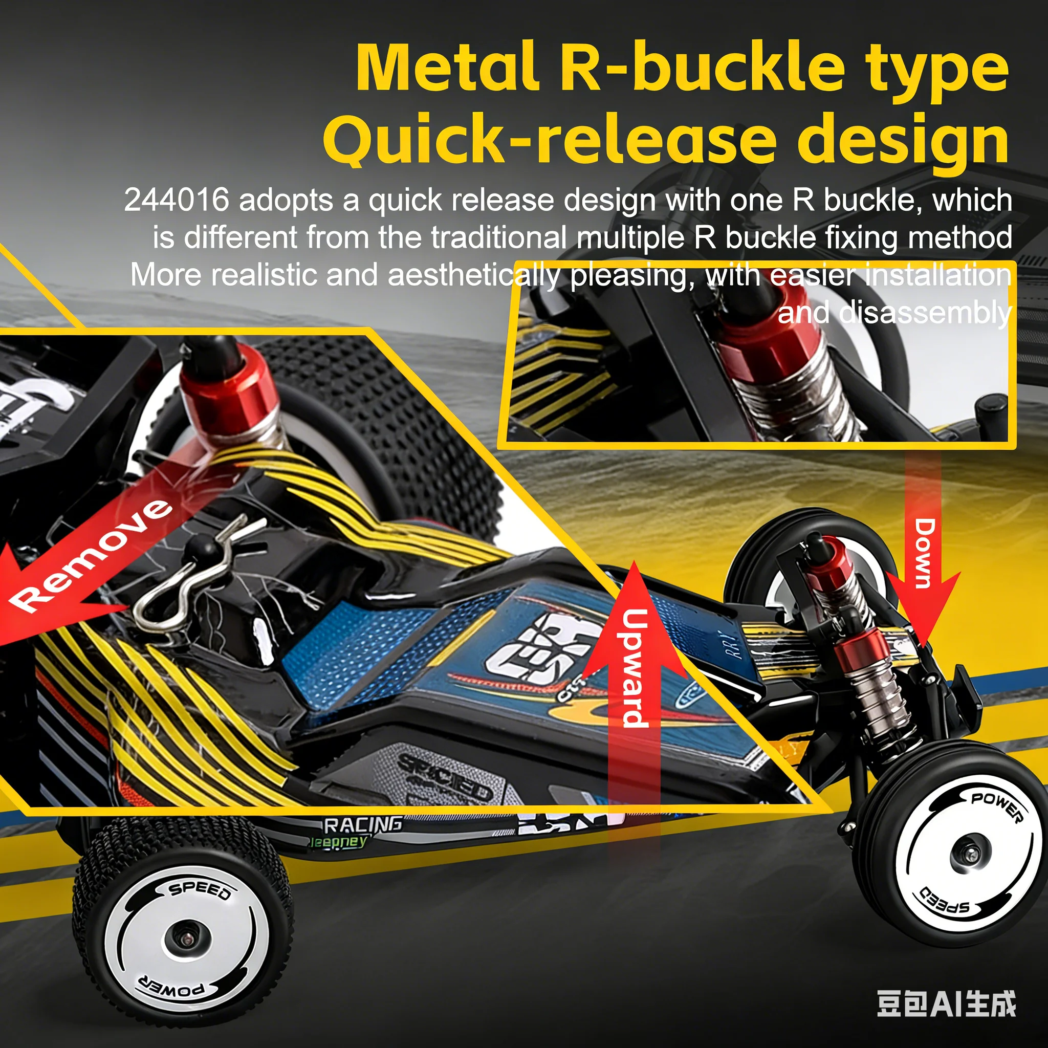 Vue arrière de la voiture RC tout-terrain 4x4 2.4GHz montrant le design robuste et les pneus épais.