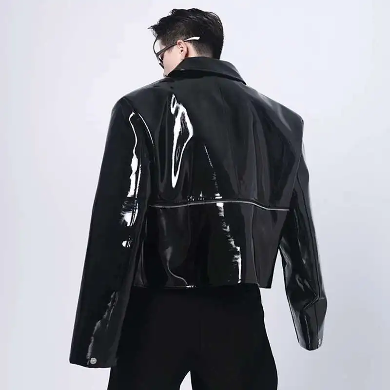 ジャケット・アウター led.tokyo HIGH NECK SHORT LEATHER COAT IEFB Personality Zipper Decoration High Street PU Bright