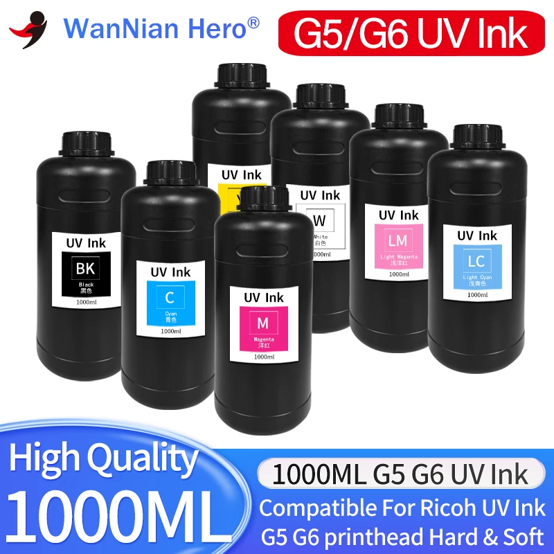 

1000ML LED Curable UV Ink For Ricoh Gen3 Gen4 Gen4L Gen5 Gen5i Gen5S Gen6 G3 G4 G5 G5i G6 Printhead Rigid & Flexible Type UV Ink