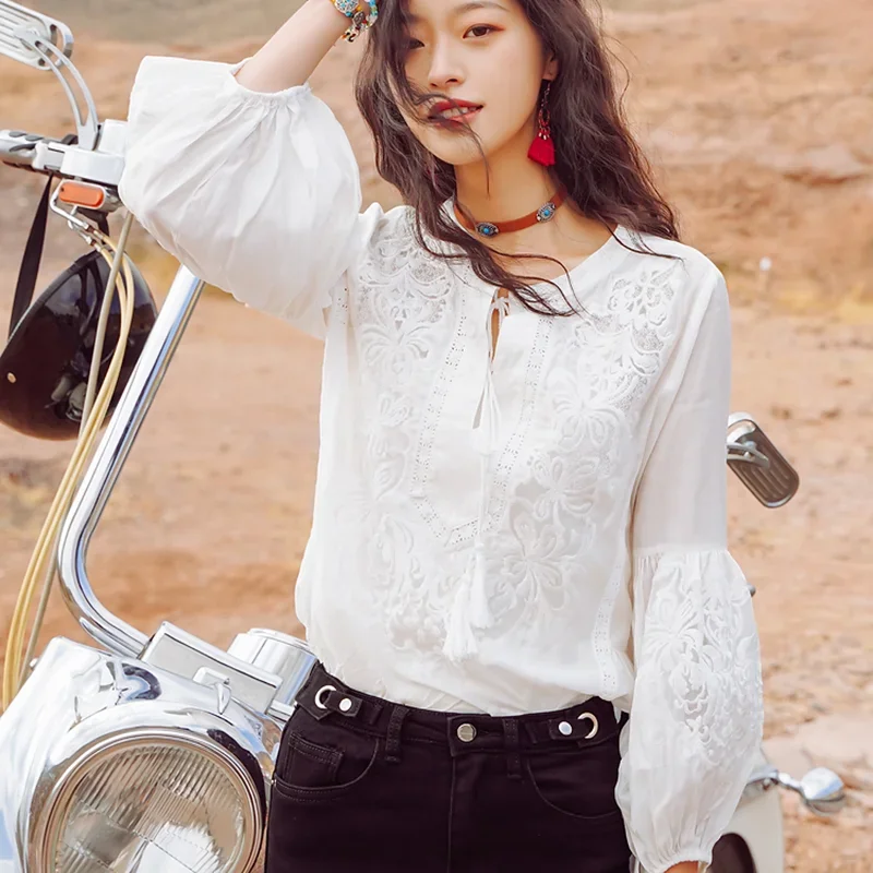 GypsyLady Silk White Embroidery Blouse Shirt 2 Piece Set Lace