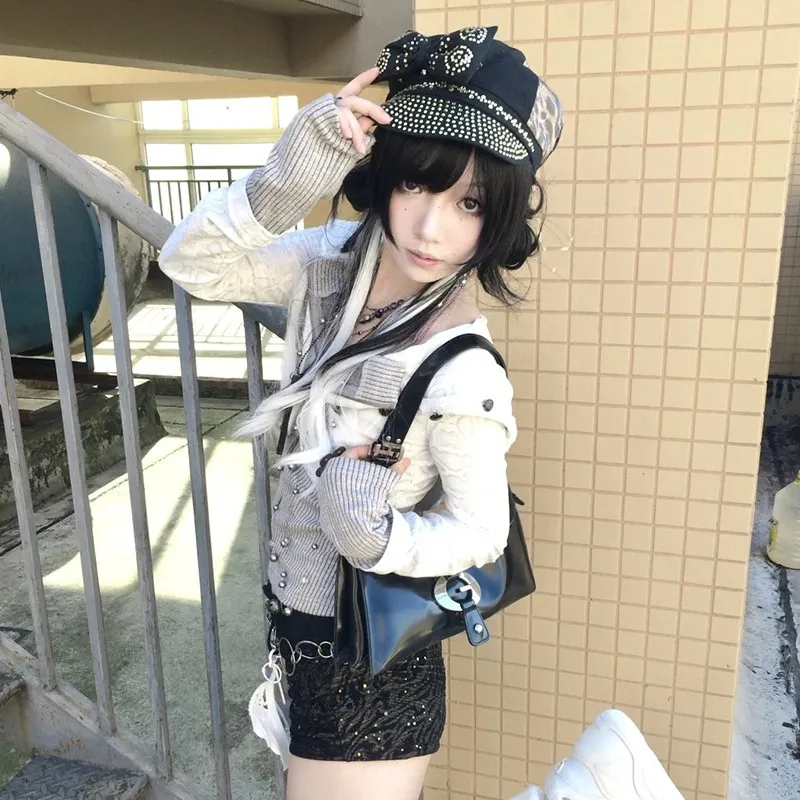 Karrram Japanese Y2k Fake Two-piece Knitted Tops Trashy 2000s Hooded Jacket Vintage Harajuku Knitwear Grunge Aesthetics American 3