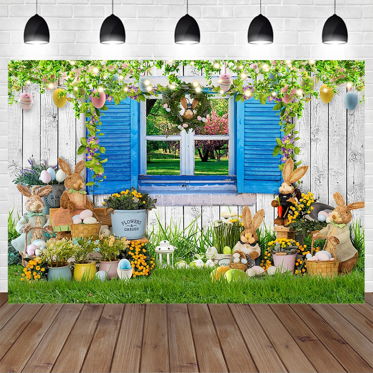 

Easter Children Family Party Decoration Photography Background Garden Flower Rabbit Grass Window Backdrop Baby Photobooth Studio
