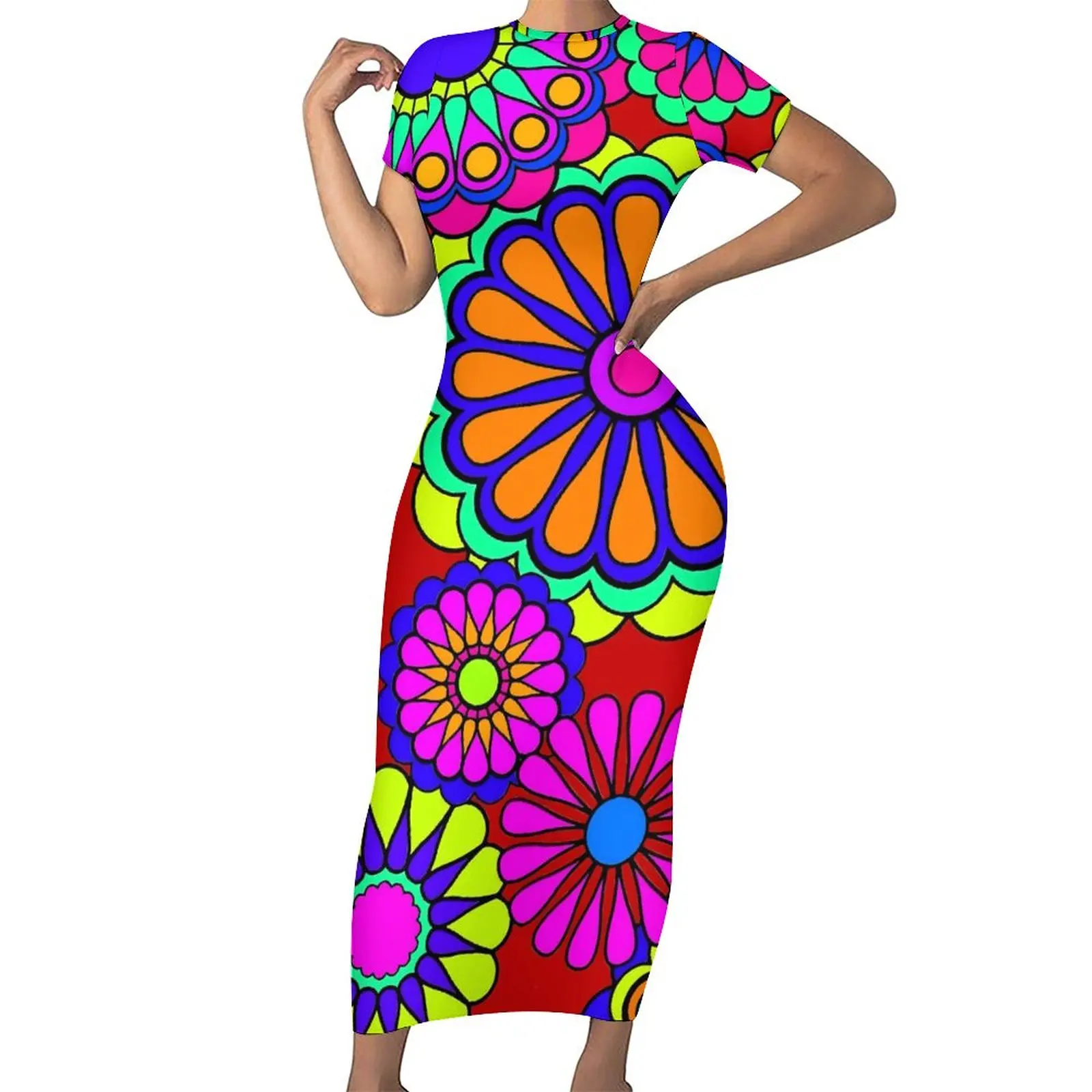 

Flower Power Dress Retro Hippy Flowers Street Wear Bodycon Dress Spring Short Sleeve Retro Maxi Dresses Print Oversized Vestidos