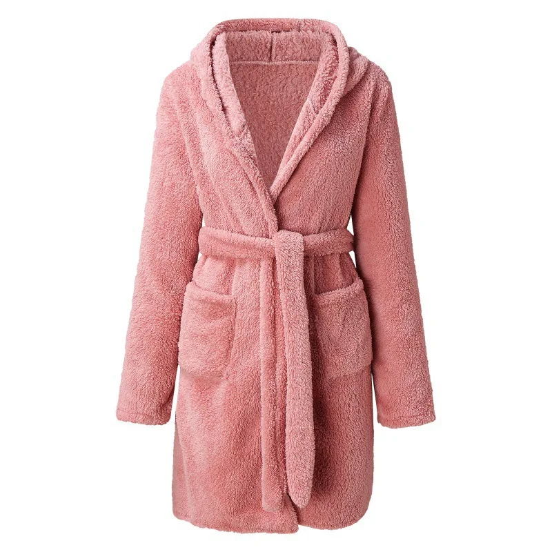 Women's plush pajamas solid color hooded home warm bathrobe women