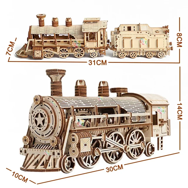 Ury 3D Wooden Puzzle Movable Retro Steam Train Double-decker Bus Handmade Assembly Truck Model DIY Toys Decoration Gift for Kids 2