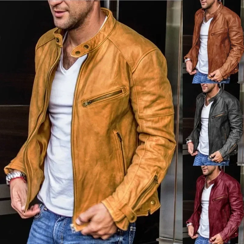 Men's Casual Zipper Button Jacket Autumn Winter Vintage Faux Leather PU Jacket Men's Long Sleeve Stand Collar Motorcycle Jacket