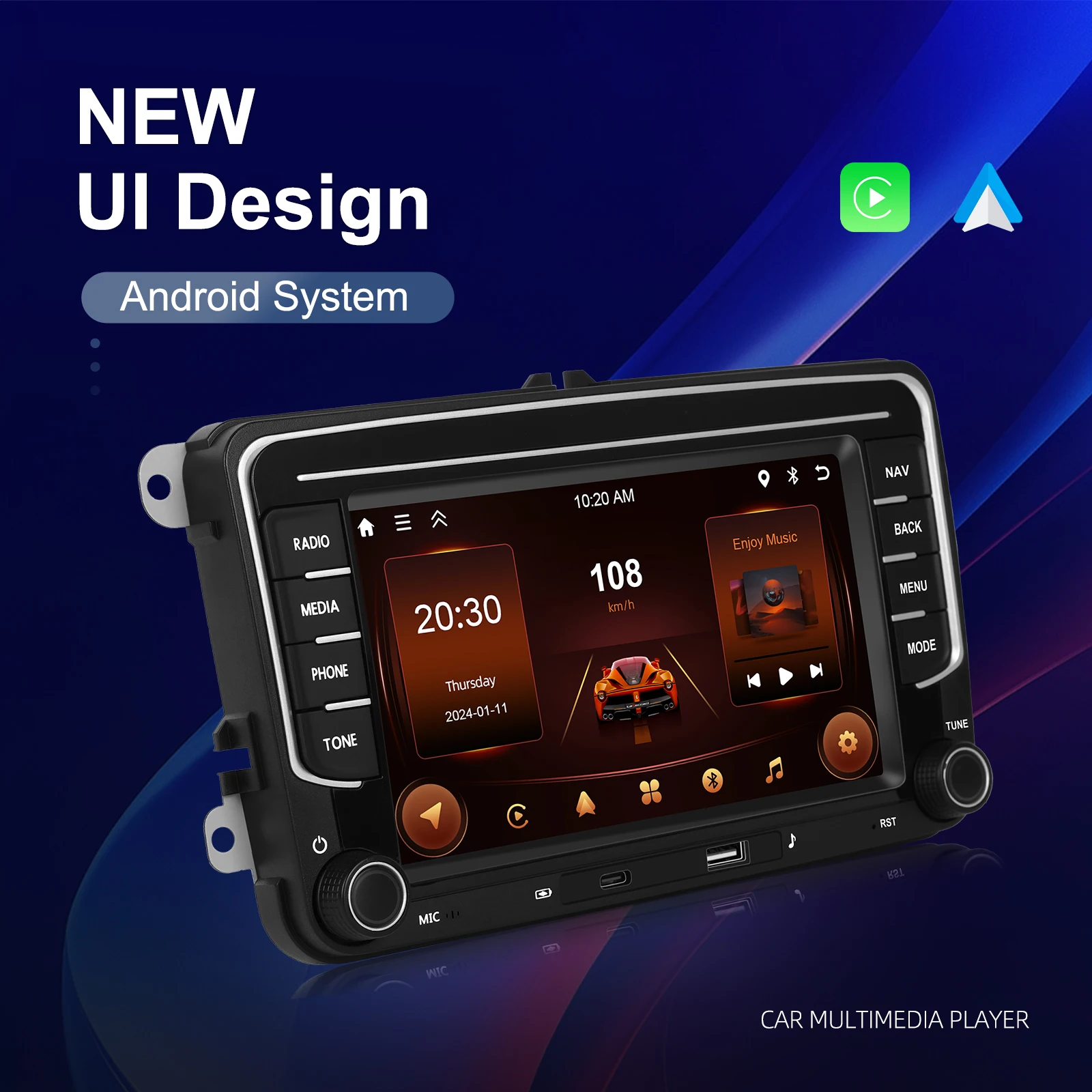 Podofo 2+64G Radio Kabelloses CarPlay für Apple für VW Android Auto Autoradio GPS FM/RDS Stereo WLAN BT Multimedia-Stereoanlage – Detail 6