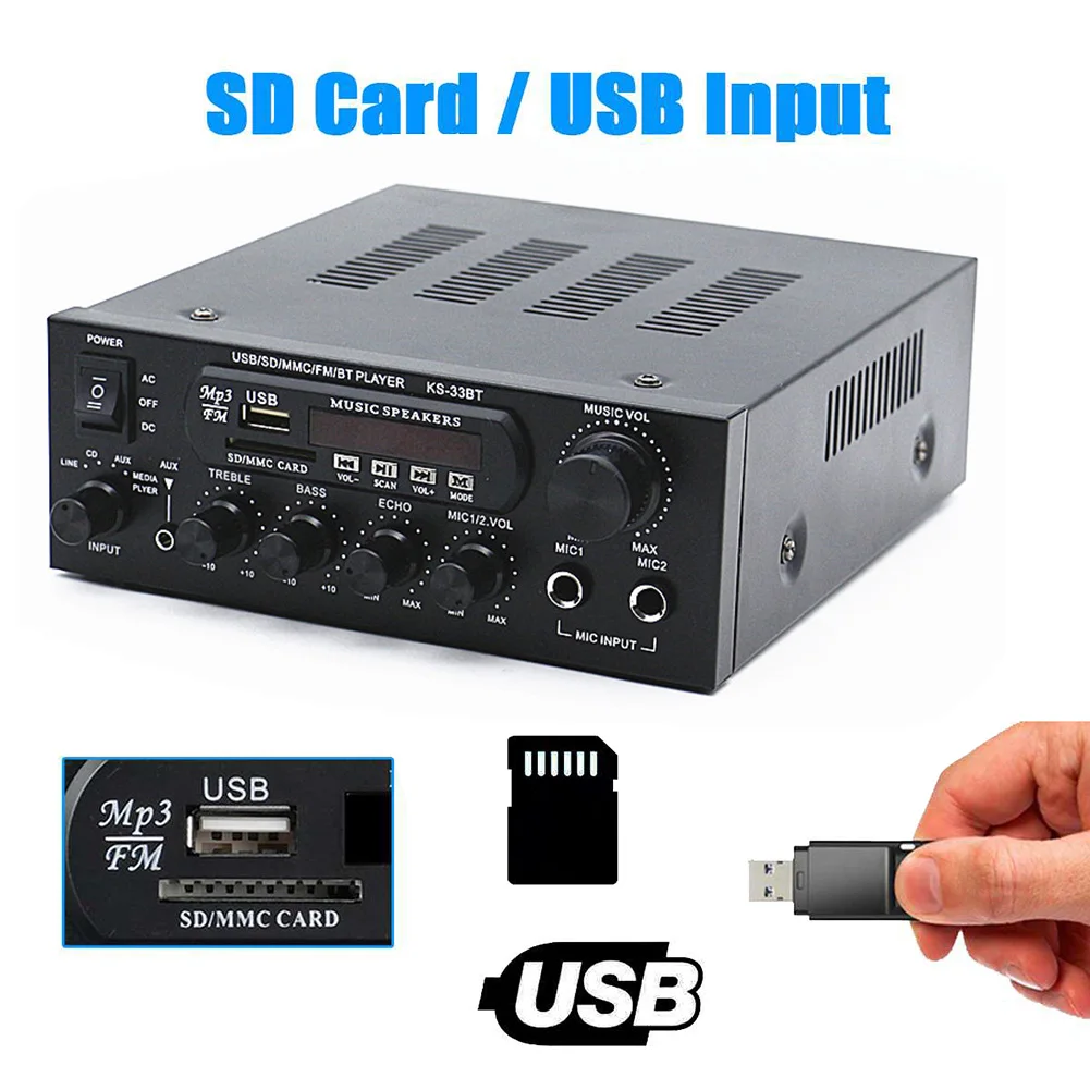 스테레오 하이파이 디지털 앰프, 2 마이크 입력, 2CH 앰프, USB 메모리 카드, Aux Bluetooth-Compatible5.0 LED 디지털, 자동차 스피커용