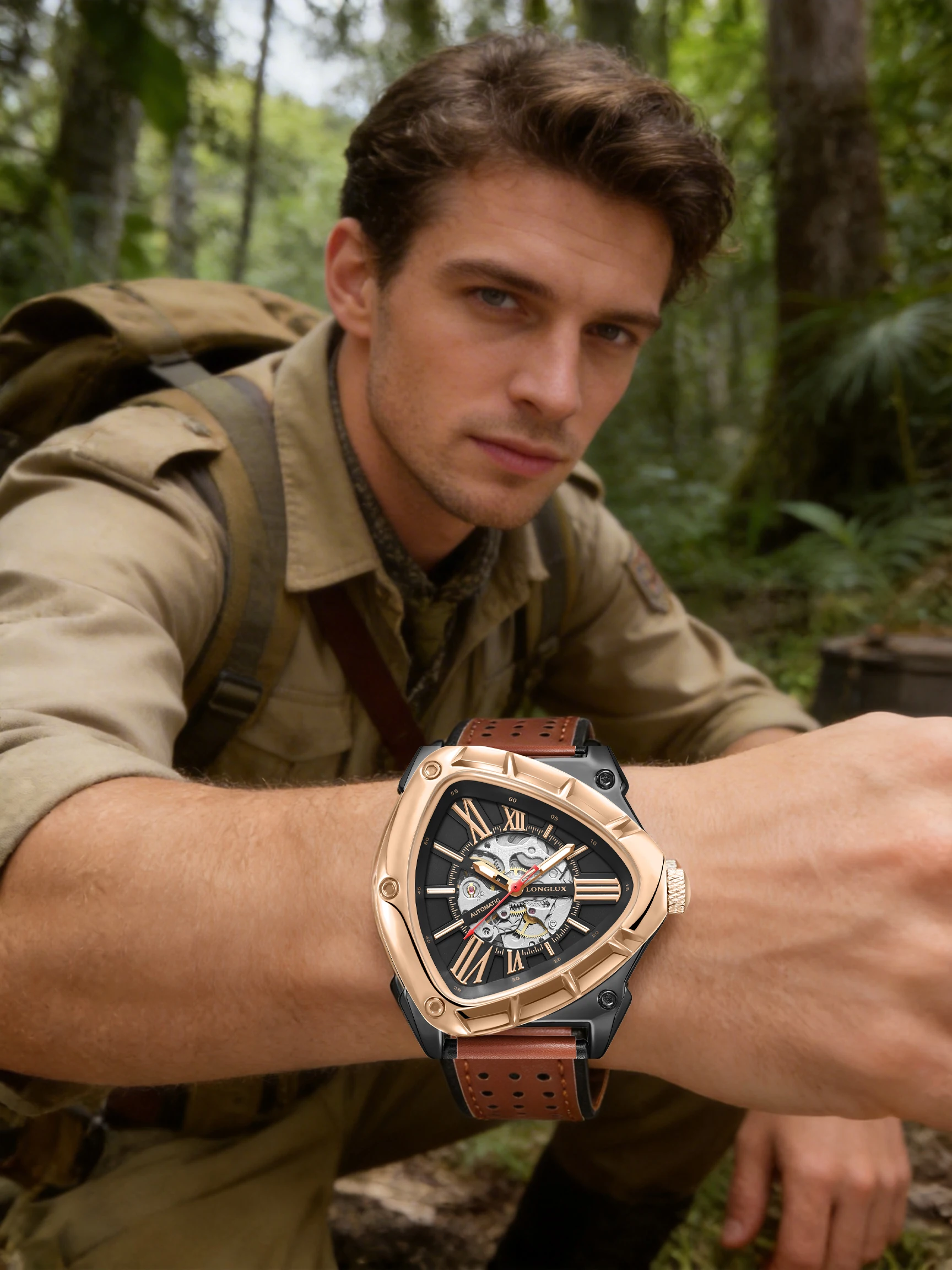 Men Automatic Watch Explore Outdoors Style Mechanical Watches Retro Triangle Skeleton Leather Waterproof Luminous Mens Watch - 2