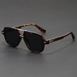 Men's Retro Aviator Sunglasses with Double Bridge - UV Protection Classic Square Shades (Leopard Print)